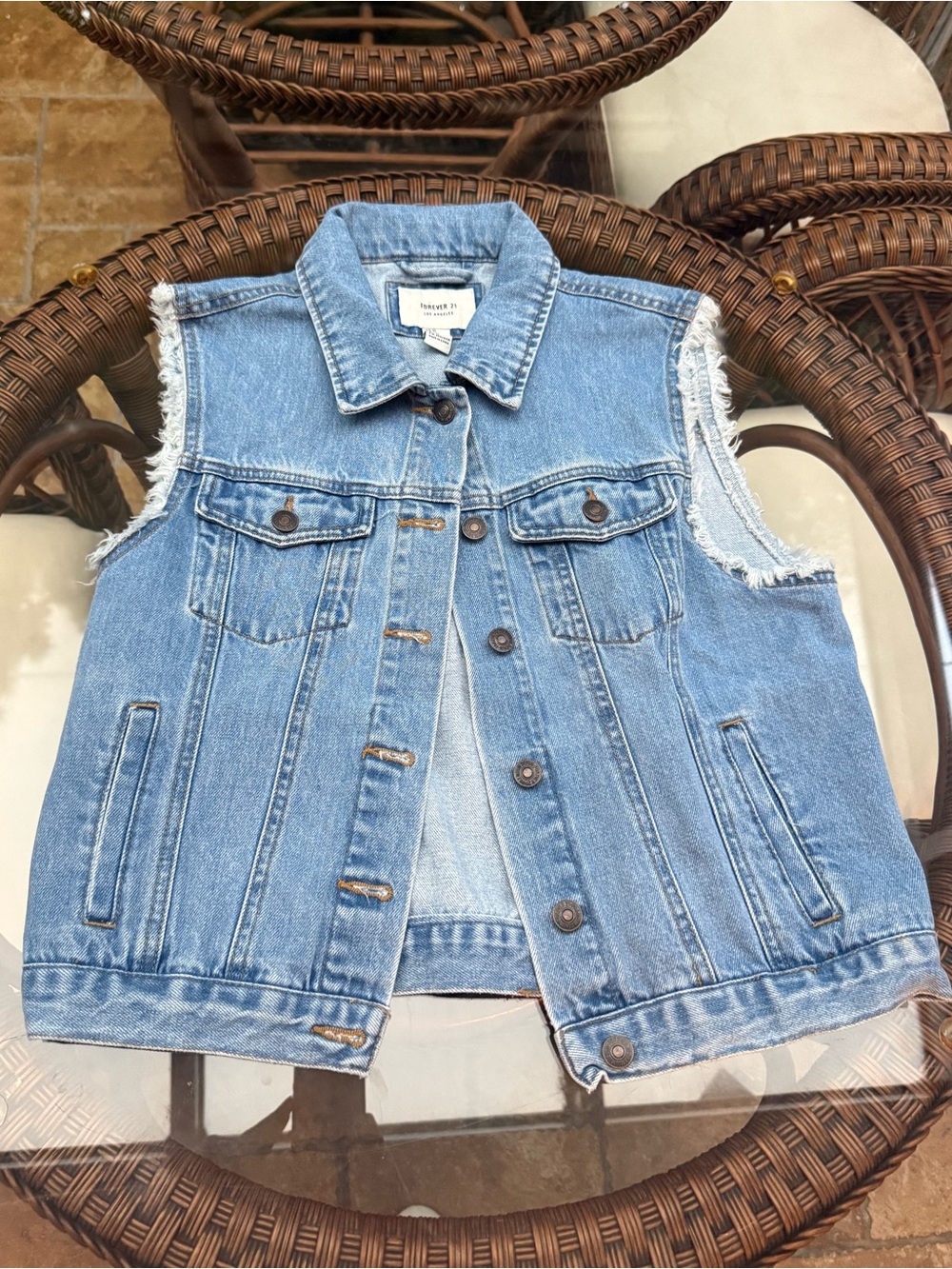 Forever 21 Light Blue Frayed Sleeve Denim Vest